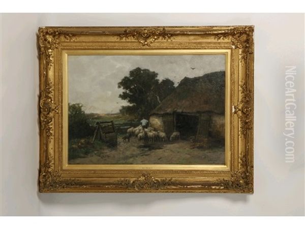 A Shepherd And His Dog Beside A Thatched Barn In A Landscape - view 1