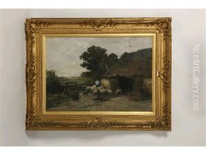 A Shepherd And His Dog Beside A Thatched Barn In A Landscape by Johan Frederik Cornelis Scherrewitz