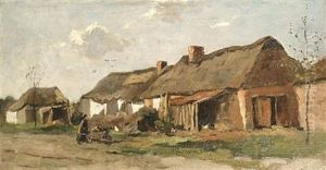 A Figure Pushing A Wheelbarrow Before A Barn by Johan Frederik Cornelis Scherrewitz