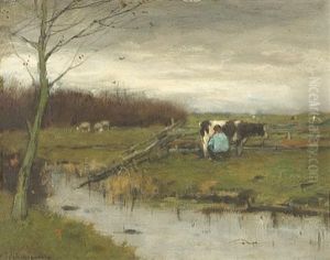 A River Landscape With A Figure Milking A Cow by Johan Frederik Cornelis Scherrewitz