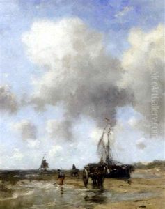 Shellfishers On A Windswept Beach by Johan Frederik Cornelis Scherrewitz