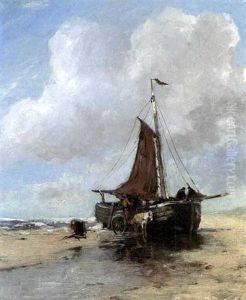 A Bomschuit On The Beach by Johan Frederik Cornelis Scherrewitz