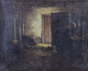 A Barn Interior With Animals And Washer Woman