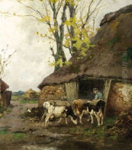 A Farmer And Cows By A Stable by Johan Frederik Cornelis Scherrewitz