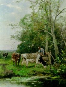 Cows In A Meadow, A Farmer Closing The Gate by Johan Frederik Cornelis Scherrewitz