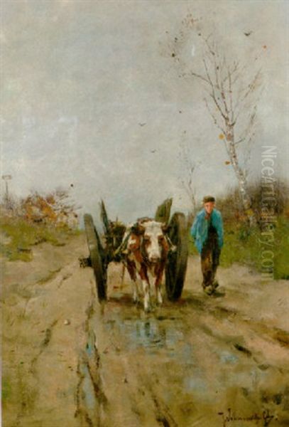 A Farmer And An Ox-drawn Cart On A Sandy Track - view 1