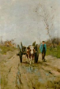 A Farmer And An Ox-drawn Cart On A Sandy Track