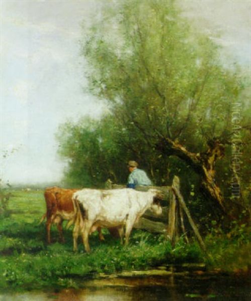 Cows On A Riverbank With Peasant At A Gate - view 1