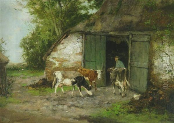 Farmer And Cattle By A Stable - view 1