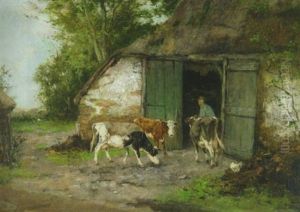 Farmer And Cattle By A Stable by Johan Frederik Cornelis Scherrewitz