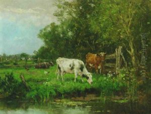 Cows Watering In A Meadow On The Edge Of A Forest by Johan Frederik Cornelis Scherrewitz