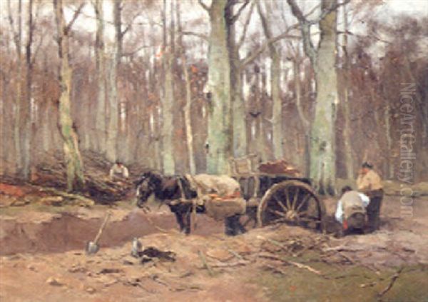 A Horse And Cart In A Wood With Mean At Work Nearby - view 1