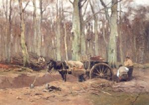 A Horse And Cart In A Wood With Mean At Work Nearby by Johan Frederik Cornelis Scherrewitz