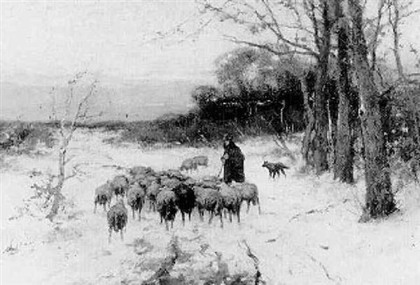Schaapsherder Met Kudde In Sneeuwlandschap - view 1