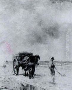 A Shell-fisher With A Horse-drawn Cart On The Beach by Johan Frederik Cornelis Scherrewitz
