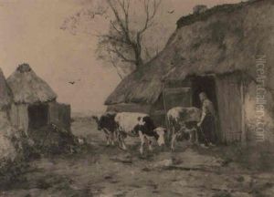 Herding Cattle Into A Barn by Johan Frederik Cornelis Scherrewitz