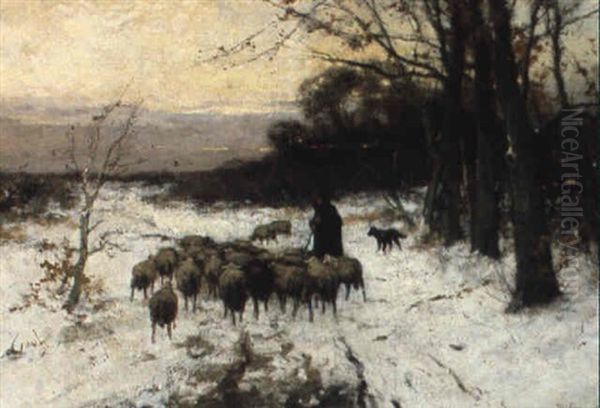 Shepherd With His Flock In Winter - view 1