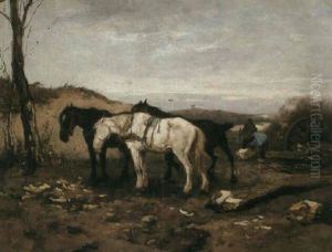 Woodgatherers With Horses In A Landscape