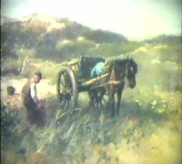 Bauer Mit Pferdefuhrwerk In Einer Dunenlandschaft - view 1