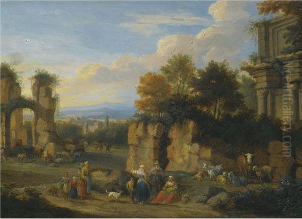 An Italianate Landscape With Figures Resting Near Ruins by Pieter Bout