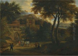 Figures On A Tree Lined Road Before A Walled Town by Pieter Bout