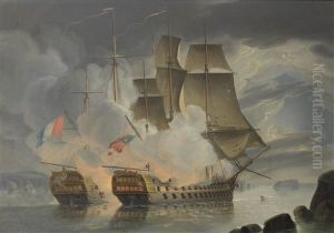 The Furious Action Between H.m.s. Mars And The French 74 Hercule Off Brest On 21st April by John Christian Schetky
