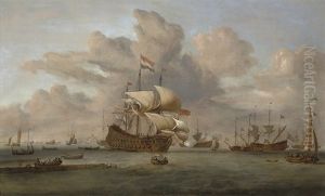 A Dutch Flagship Receiving A Salute As She Arrives At The Fleet Anchorage