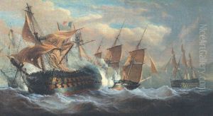 The "guillaume Tell" In Action With Hms "penelope", With Hms "lion" To Starboard And Hms "foudroyant" Coming Up Astern, 31st March 1800 by John Christian Schetky