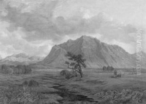 Voralpenlandschaft Mit Bauern Bei Der Heuernte by August Heinrich Scheuchzer