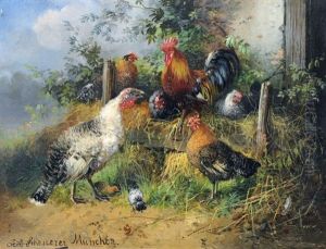 Wiesenstuck Mit Truthahn, Hahn Und Huhnern by Julius Scheuerer