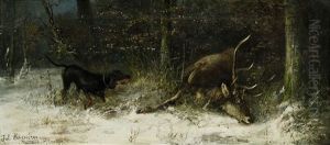 Jagdhund Bei Erlegtem Hirsch Im Winterwald by Julius Scheuerer