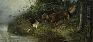 Zwei Jagdhunde Am Ufer by Julius Scheuerer