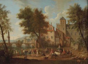 A Town View With A Ferry Unloading Travellers And Livestock by Peeter Bout