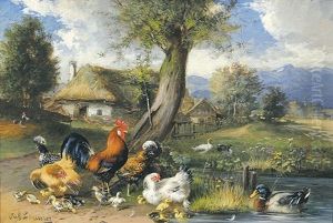 Huhner Und Enten Am Bach by Julius Scheuerer