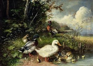 Enten Und Fasane Am Wasser by Julius Scheuerer
