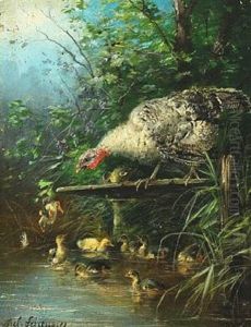 Hen With Chicks By A Lake