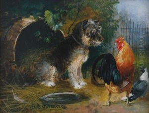 Dog And Birds In A Yard by Julius Scheuerer