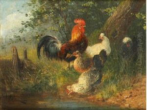 Cockerels And Hens By A Pond (pair)