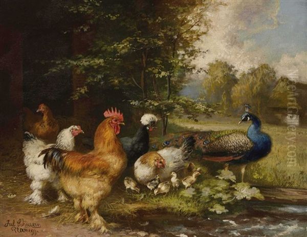 Huhner Und Pfau Am Teich - view 1