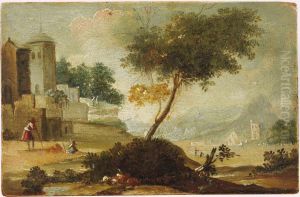 An Extensive River Landscape With Figures Before A Fortifiedbuilding, A Village Beyond by Peeter Bout