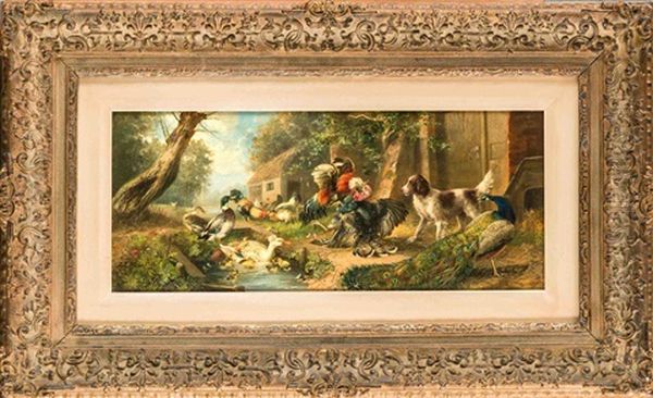Groser Hofgarten Mit Kampfenden (trut-)hahnen, Enten, Pfauen U. Einem Hund - view 1