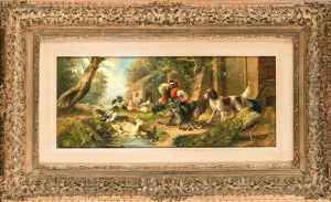 Groser Hofgarten Mit Kampfenden (trut-)hahnen, Enten, Pfauen U. Einem Hund