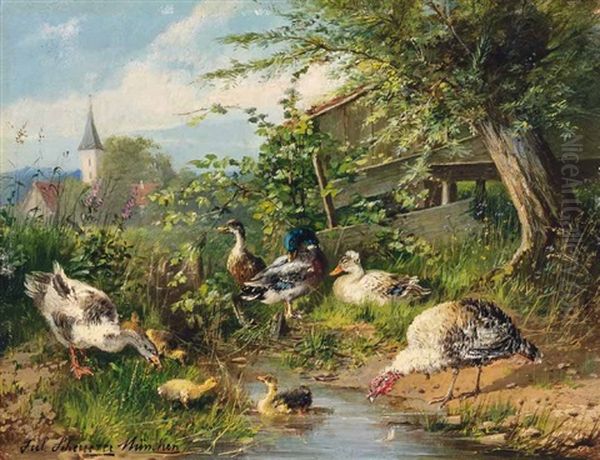 Enten Und Ein Truthahn Am Bach Vor Einem Dorf - view 1