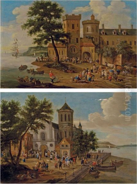 Scene De Marche Au Bord D'une Riviere A L'entree D'une Ville - view 1