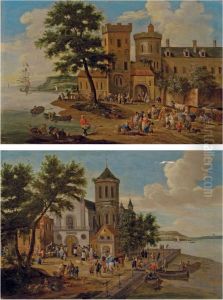 Scene De Marche Au Bord D'une Riviere A L'entree D'une Ville