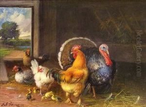 Truthahn, Hahn Und Huhner Mit Kuken Im Stall by Julius Scheuerer