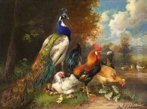 Pfau, Hahn Und Huhner Mit Kuken Am Teich