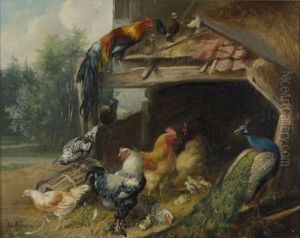 Huhnerhof, Am Rechten Bildrand Ein Pfau by Julius Scheuerer
