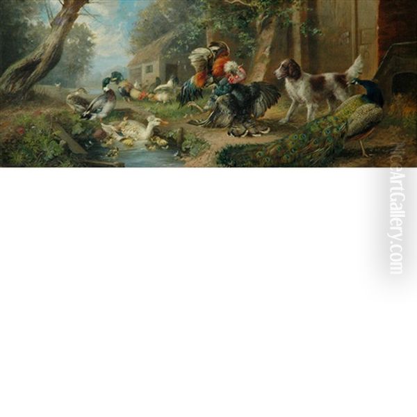 A Barnyard Cock Fight Watched By A Spaniel, A Peacock And Other Fowl - view 1