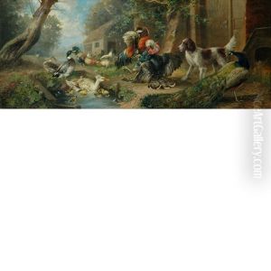 A Barnyard Cock Fight Watched By A Spaniel, A Peacock And Other Fowl
